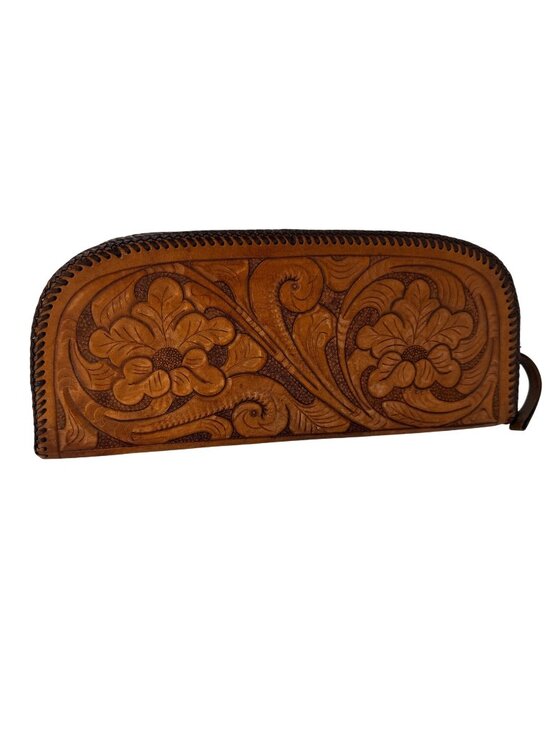 Unbranded Handbags - Vintage Tooled Leather Clutch Floral Brown Zipper Pouch 12 Inch Boho Western 197
